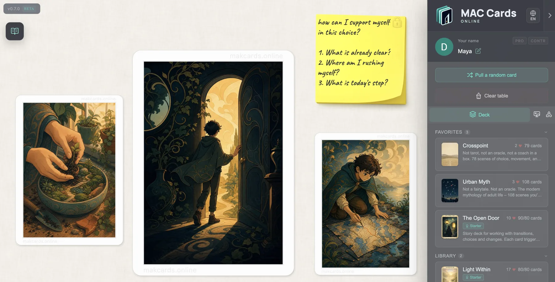 Self-reflection workspace with metaphorical cards, a note, and the solo sidebar